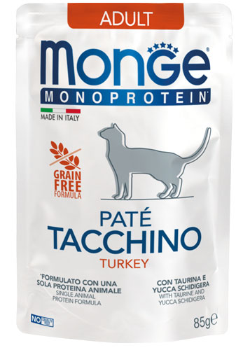 Alimento umido Monge Monoprotein Paté Tacchino 85 g per gatti adulti Alimento umido Monge Monoprotein Paté Tacchino 85 g per gatti adulti